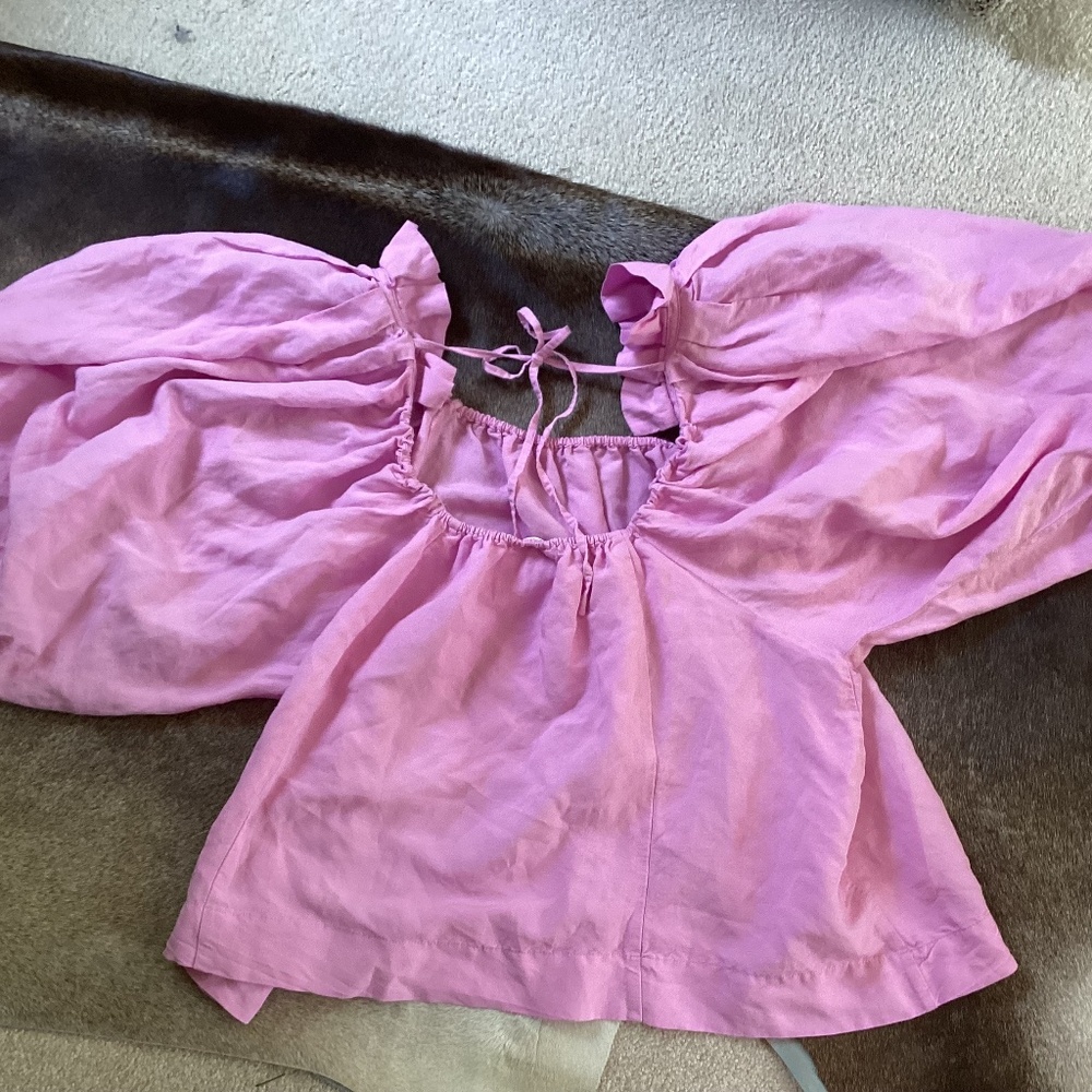 On-34th Pink Cotton Huge Billow Sleeve Shoulder Ruffle Blouse